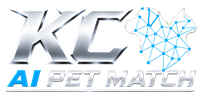 KC AI Pet Match - metallic white KC and Pet Match wordmark with a connected electric-blue dog and cat symbol